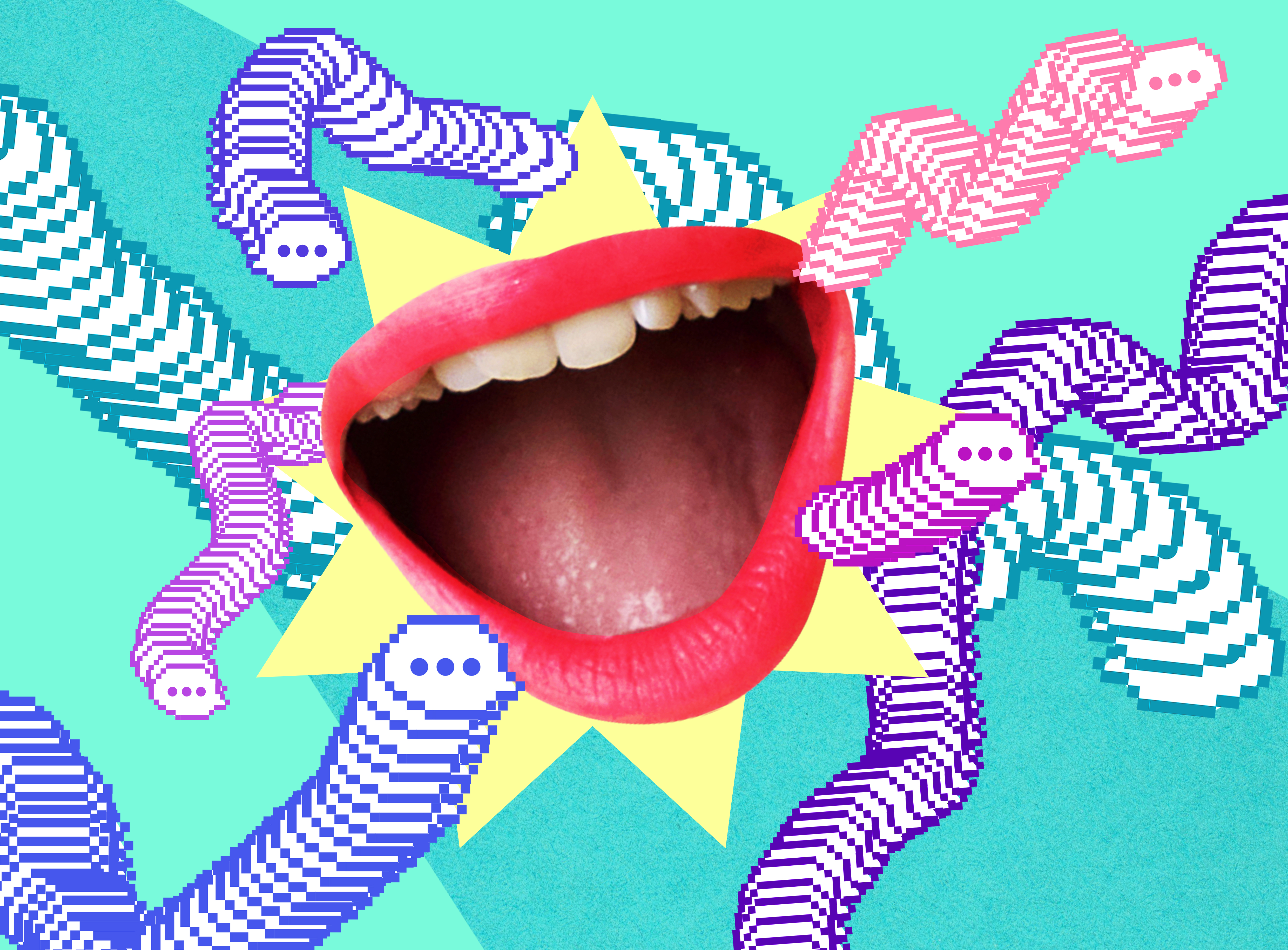 An open mouth surrounded by text bubbles