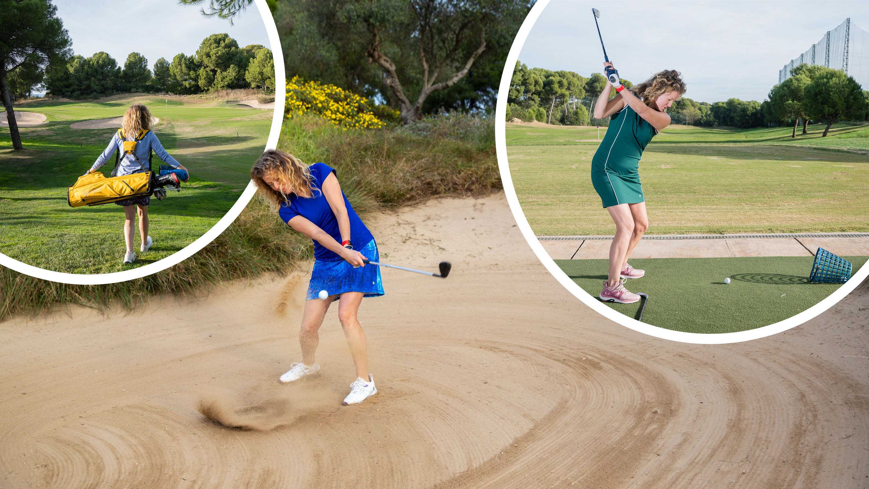 Katie Dawkins hitting a bunker shot, with an inset image of Katie Dawkins at the top of her backswing with an iron on the driving range and another inset image of Katie Dawkins walking down the fairway carrying her golf bag