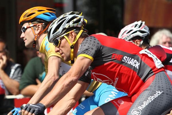 Lance Armstrong (Radioshack) rides into an even bigger world of attention in Visalia.