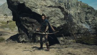 Dragon's Dogma 2 enhance equipment - an archer is standing in front of a big rock, bow at the ready.