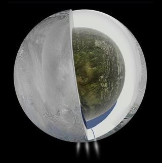 This artist's illustration depicts the possible interior of Saturn's moon Enceladus, based on observations by the Cassini probe.