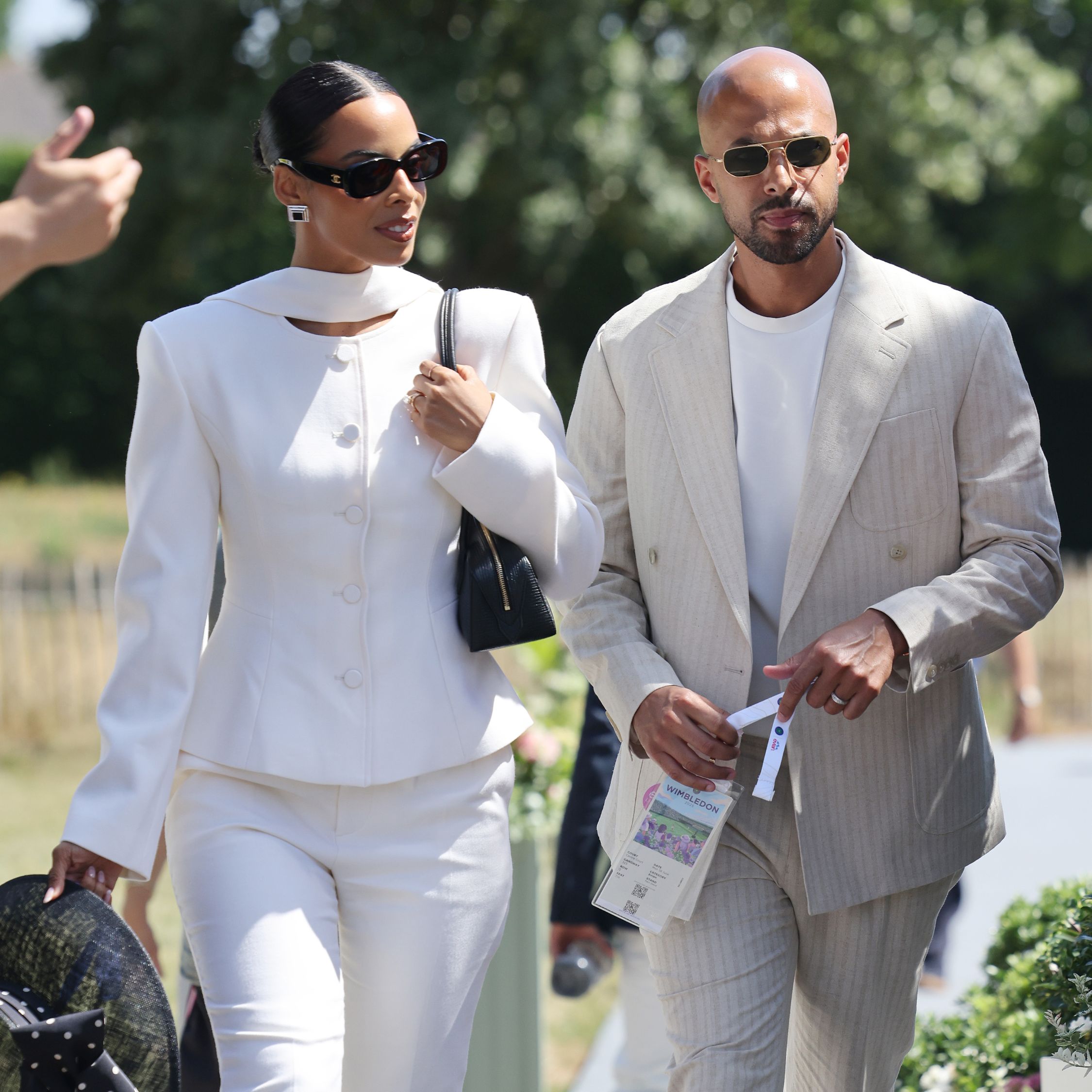 Rochelle Humes arrives at Wimbledon wearing a white suit set.