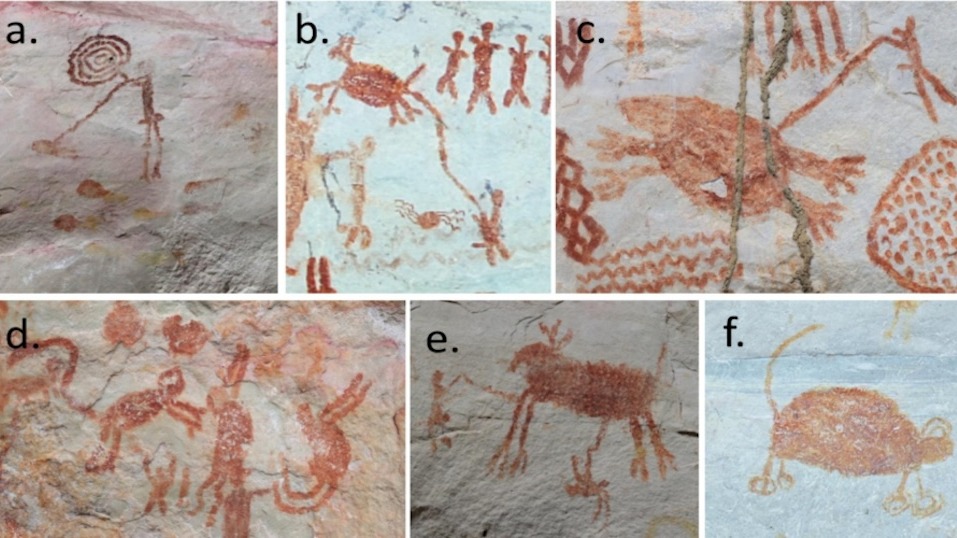 A panel of six different examples of rock art depicting animals and humans