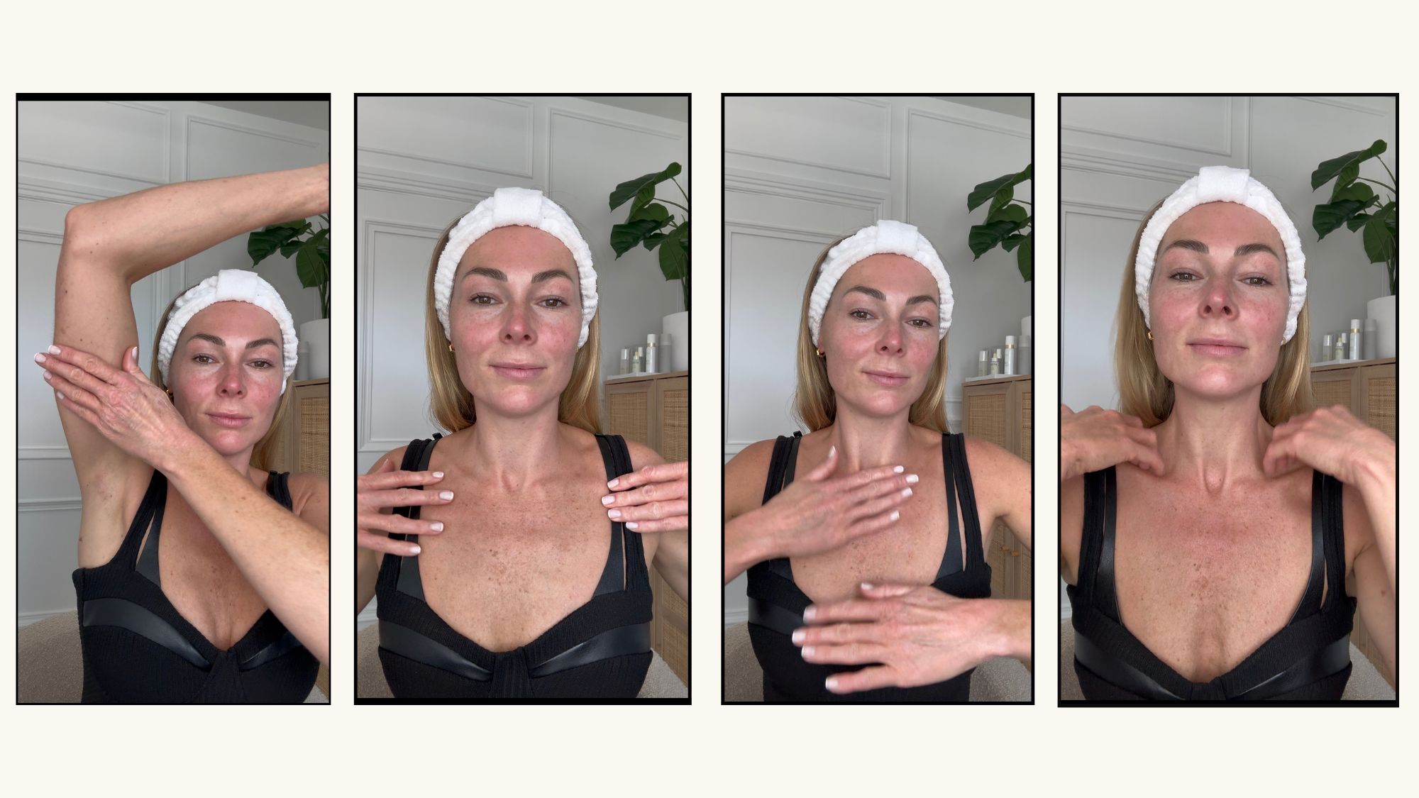 michaella bolder performing lymphatic drainage massage on herself