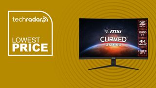 An MSI G321CU monitor on an orange background with lowest price text in white