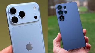 The back of a blue Apple iPhone 18 Pro Max and a blue Samsung Galaxy S26 Ultra