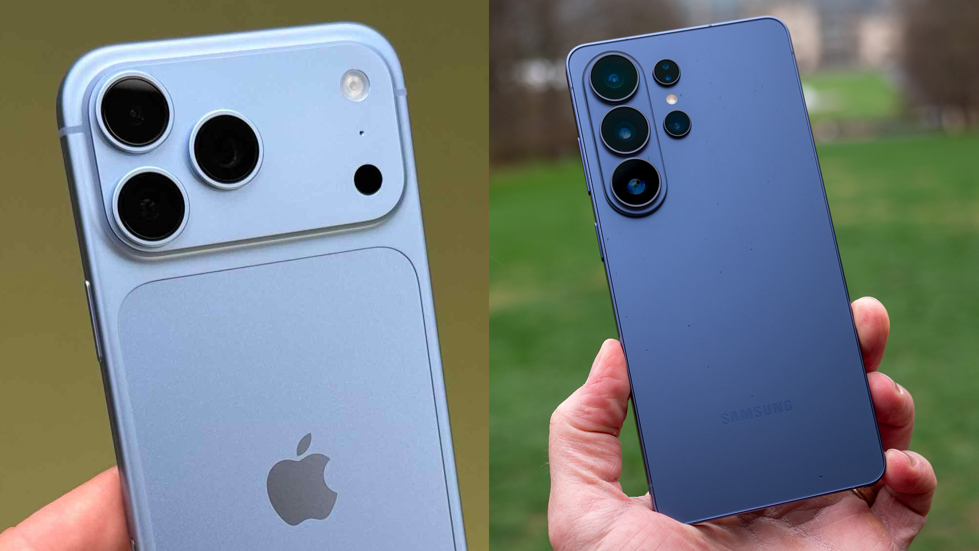 The back of a blue Apple iPhone 18 Pro Max and a blue Samsung Galaxy S26 Ultra