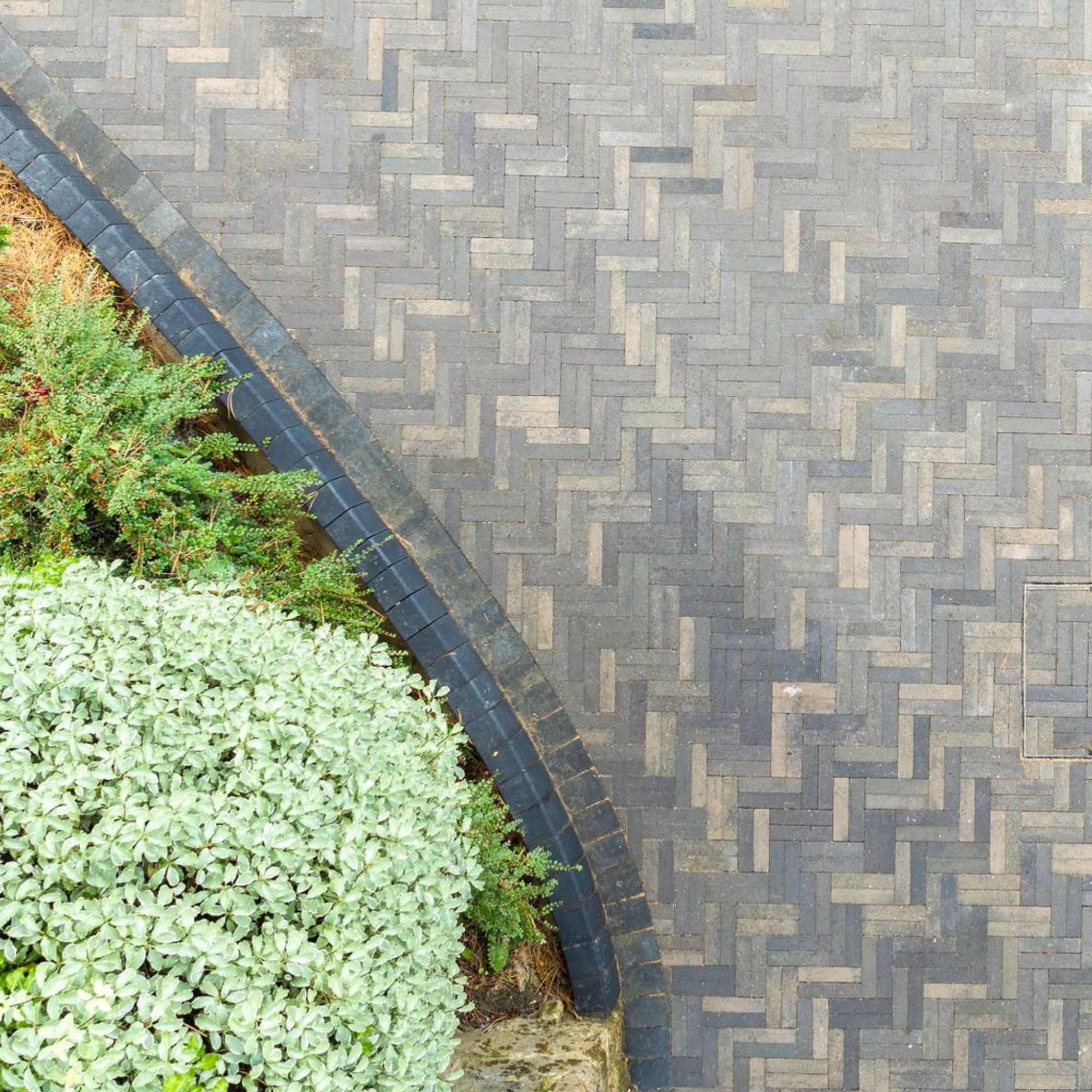 Aerial view of driveway with setts in herringbone pattern and border with shrubs alongside