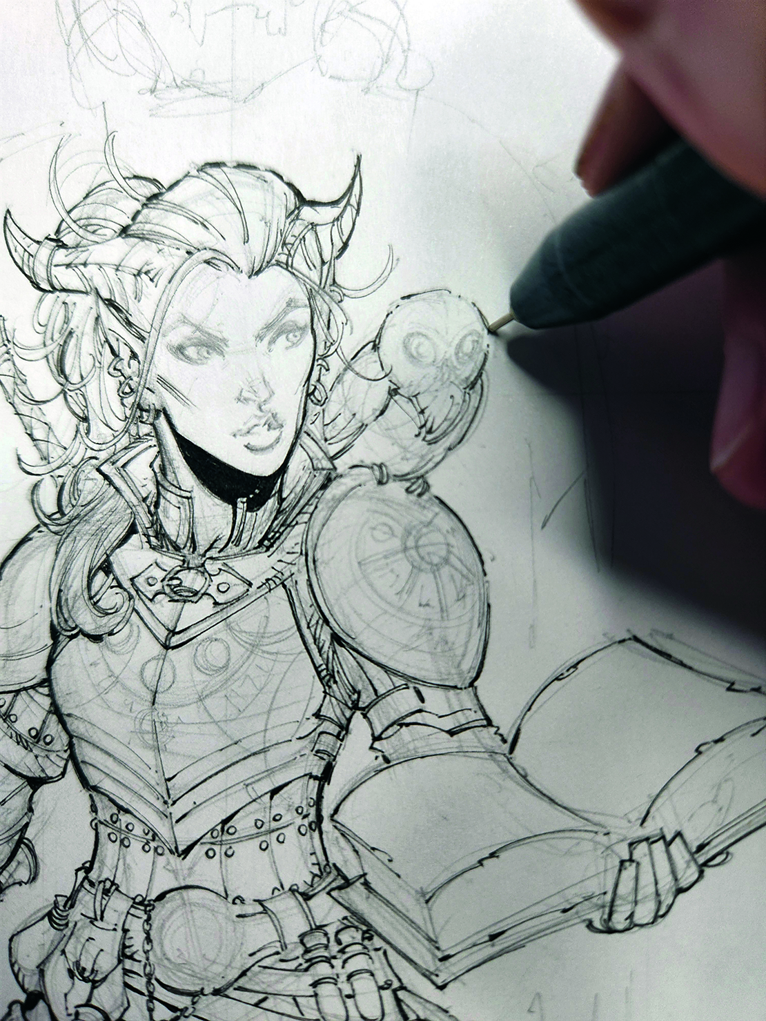 An image showing a step from a drawing tutorial on how to draw a fantasy character in pencil, pen and marker
