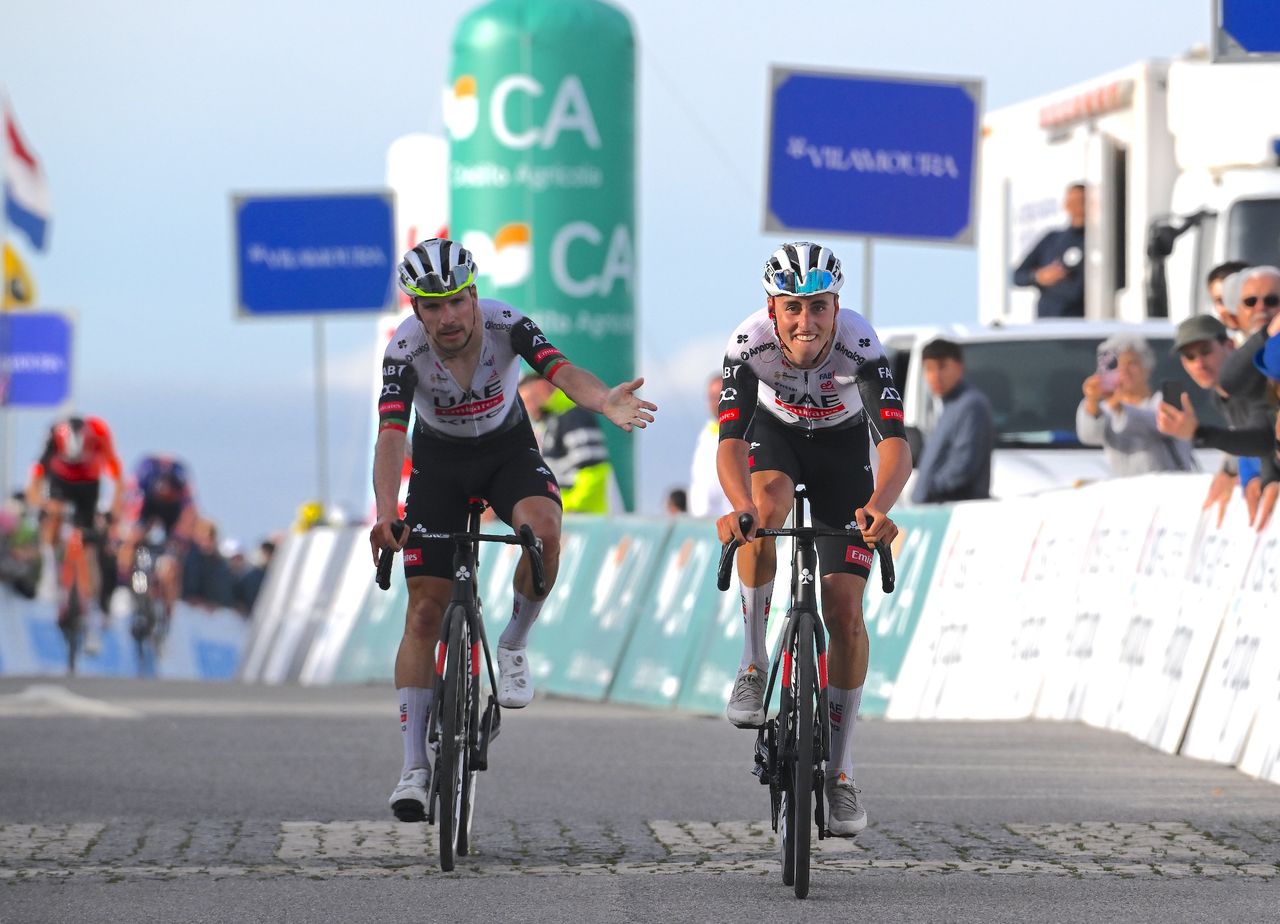ALTO DA FOIA, PORTUGAL - FEBRUARY 20: (L-R) Joao Almeida of Portugal and stage winner Jan Christen of Switzerland and UAE Team Emirates - XRG react crossing finish line during the 51st Volta ao Algarve em Bicicleta, Stage 2 a 177.6km stage from Lagoa to Alto da Foia 869m on February 20, 2025 in Alto da Foia, Portugal. (Photo by Tim de Waele/Getty Images)