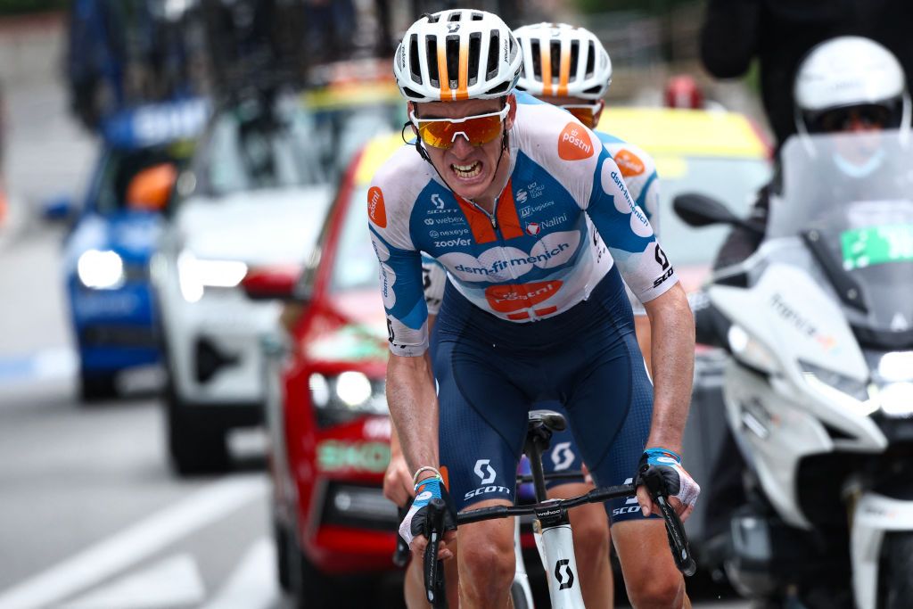 Team DSM-Firmenich PostNL team's French rider Romain Bardet cycles in a lead breakaway with Team DSM-Firmenich PostNL team's Belgian rider Frank Van Den Broek (rear) in the San Marino ascent during the 1st stage of the 111th edition of the Tour de France cycling race, 206 km between Florence and Rimini, in Italy, on June 29, 2024. (Photo by Anne-Christine POUJOULAT / AFP)