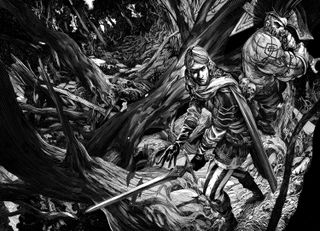 Felix and Gotrek, weapons drawn, cross a dark wood