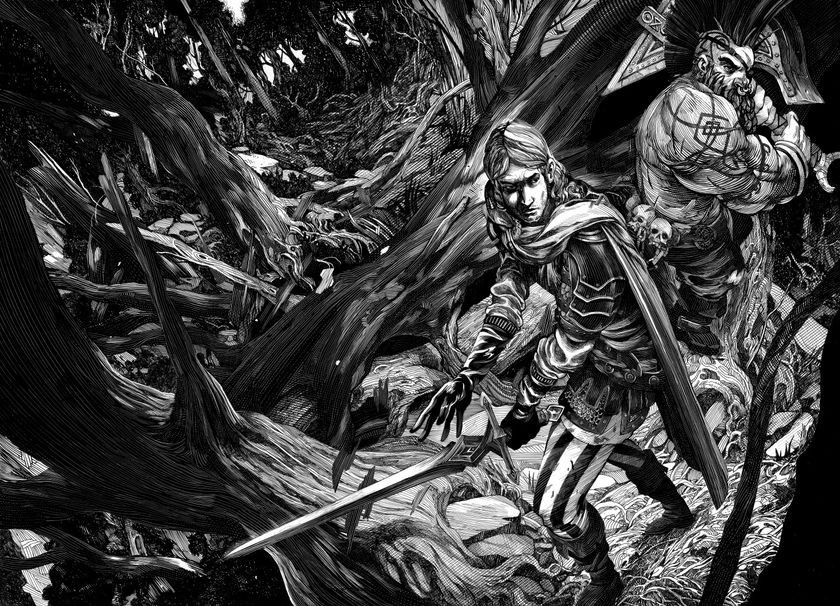 Felix and Gotrek, weapons drawn, cross a dark wood