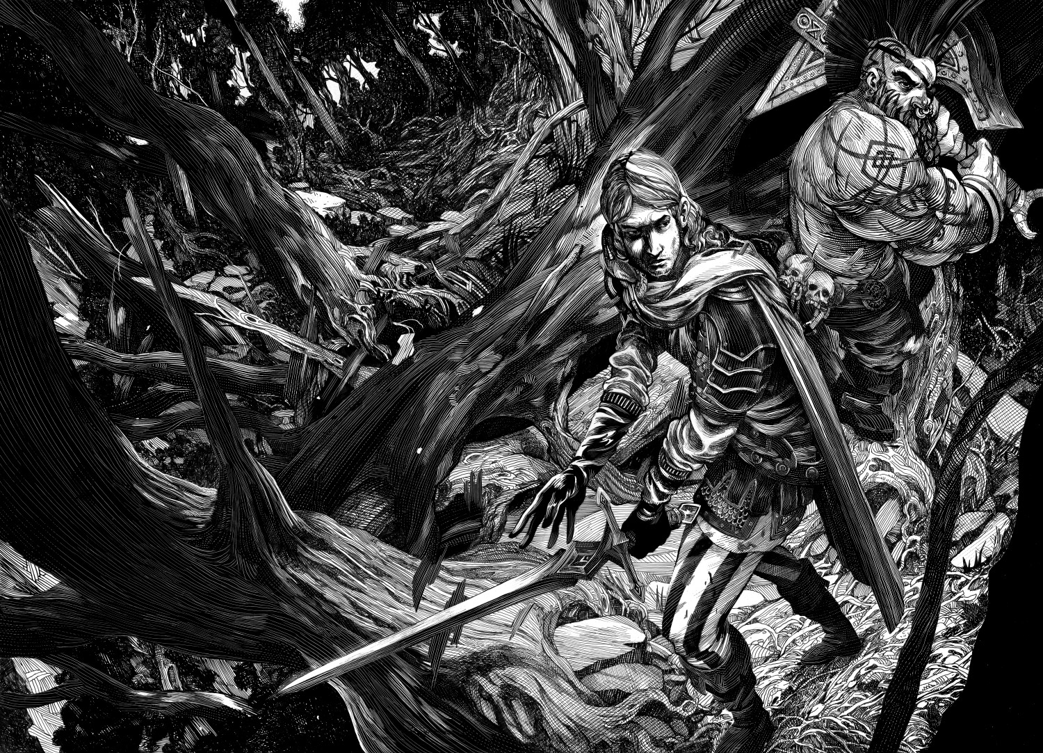 Felix and Gotrek, weapons drawn, cross a dark wood