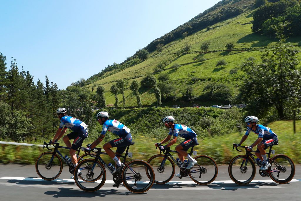 SAN SEBASTIAN SPAIN AUGUST 10 LR Kasper Asgreen of Denmark Mattia Cattaneo of Italy Julian Alaphilippe of France William Junior Lecerf of Belgium and Team Soudal QuickStep compete during the 44th Donostia San Sebastian Klasikoa 2024 a 236km one day race from San Sebastian to San Sebastian UCIWT on August 10 2024 in San Sebastian Spain Photo by Gonzalo Arroyo MorenoGetty Images