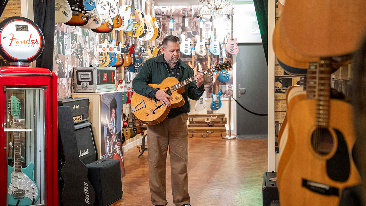 Crispin Weir plays T-Bone Walker&#039;s Gibson ES-5, the guitar that started it all, on the newly refurbished shop floor at Regent Sounds