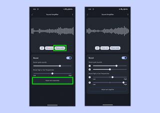 Screenshot showing how to enable Sound Amplifier through Settings and how to use it on a Google Pixel phone.