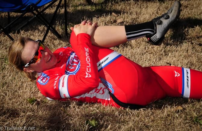 Elle Anderson (Cal Giant Bery Farms) stretching before the race