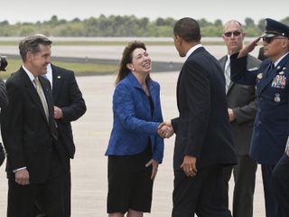 enter Director Bob Cabana, left, welcome the President to Kennedy in Cape Canaveral, Fla. on Thursday, April 15, 2010.