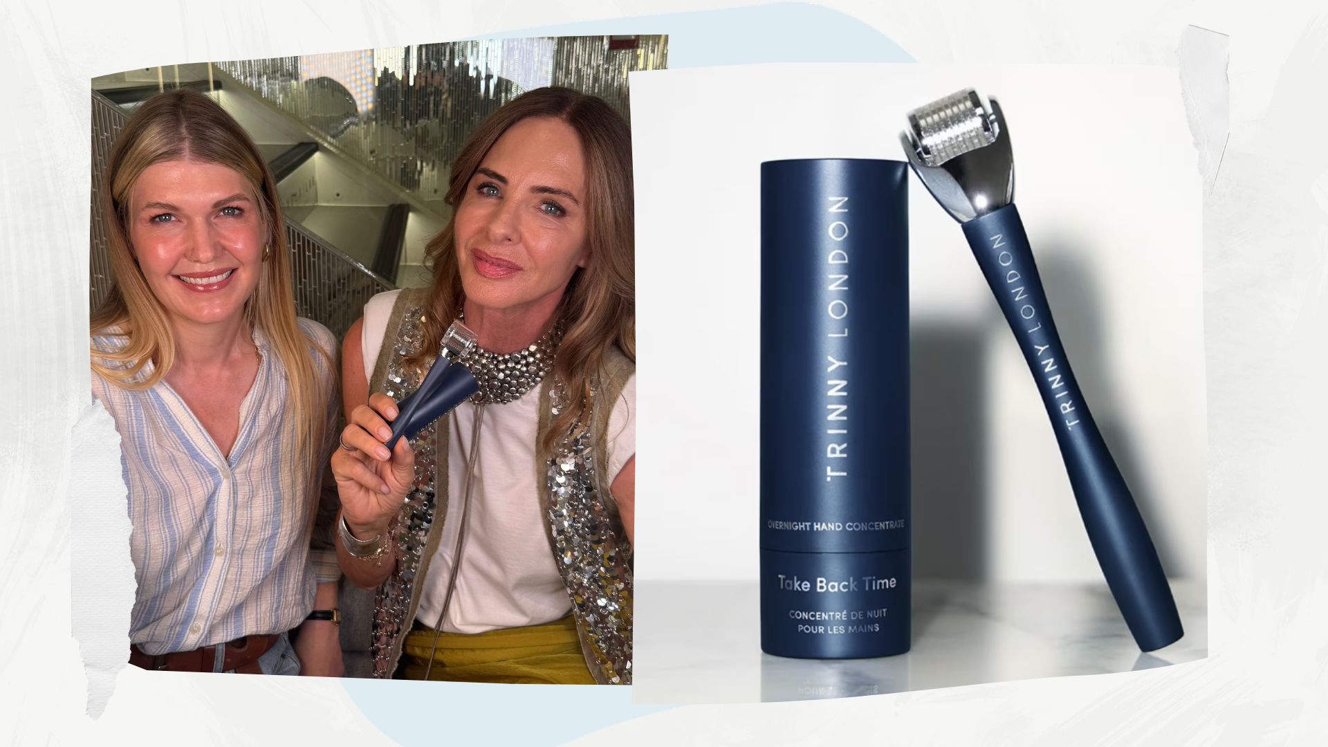 Trinny Woodall pictured with w&amp;h beauty editor Fiona McKim and the overnight hand treatment in her hand, next to images of the microneedle tool and concentrate