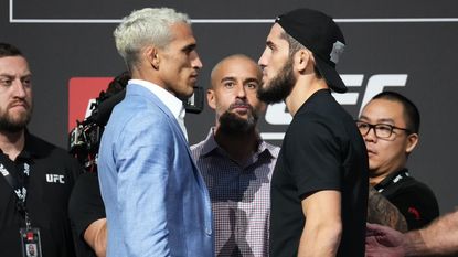  Opponents Charles Oliveira of Brazil and Islam Makhachev of Russia face off during the UFC 280 press conference at Etihad Arena