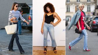 Three women showing different ways on how to style bootcut jeans with a top