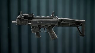 Battlefield 6 SCW-10 loadout: A side-on view of the SCW-10 SMG against a dark stripey background.