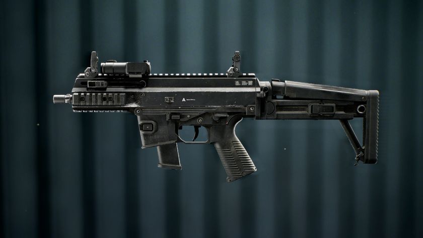 Battlefield 6 SCW-10 loadout: A side-on view of the SCW-10 SMG against a dark stripey background.