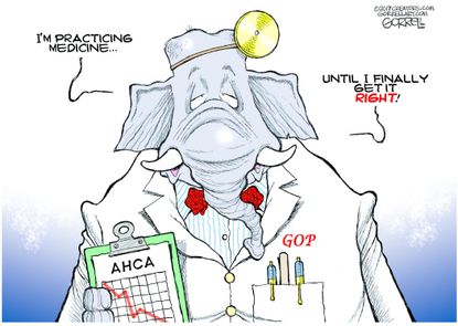 Political Cartoon U.S. Practicing medicine GOP tries health care act again Ryancare