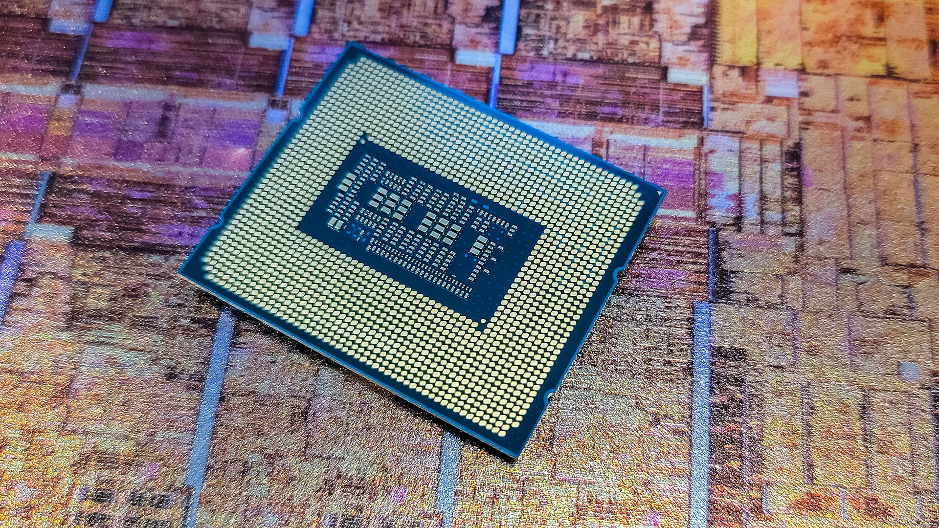 Undersidan av Intel Alder Lake-processor på ett bord