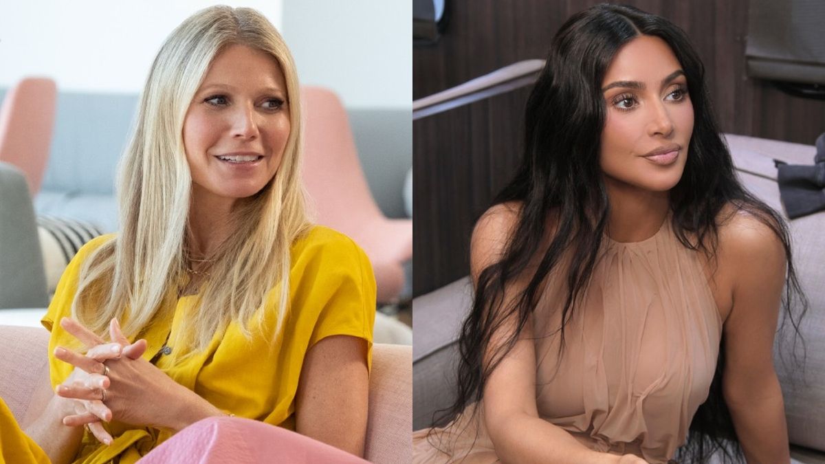 From left to right: Gwyneth Paltrow on The Goop Lab looking to her right and smiling and Kim Kardashian on The Kardashians looking to her right and smiling.