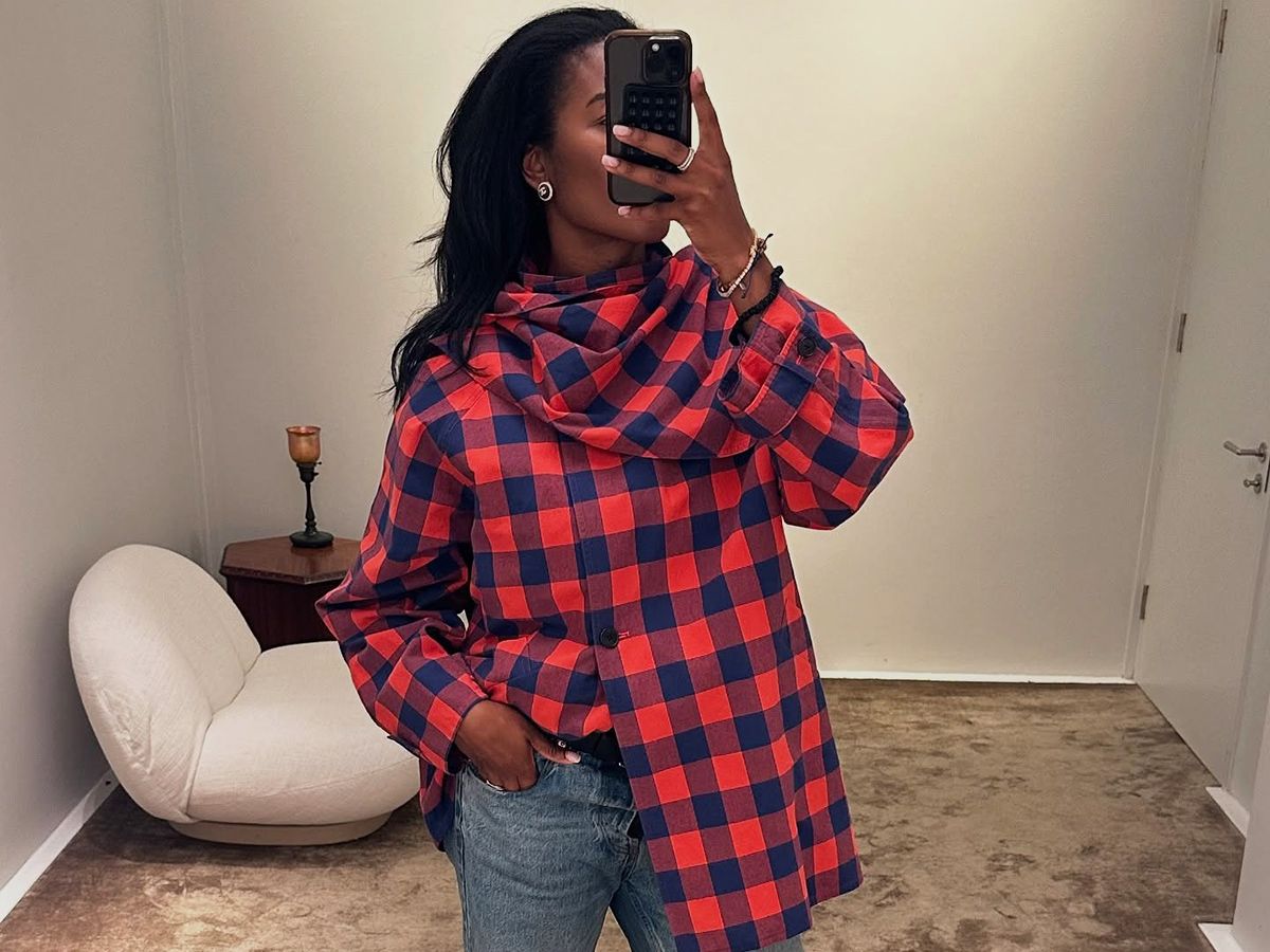 Influencer wearing The Row plaid shirt and jeans