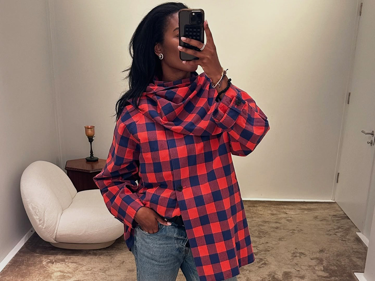 Influencer wearing The Row plaid shirt and jeans