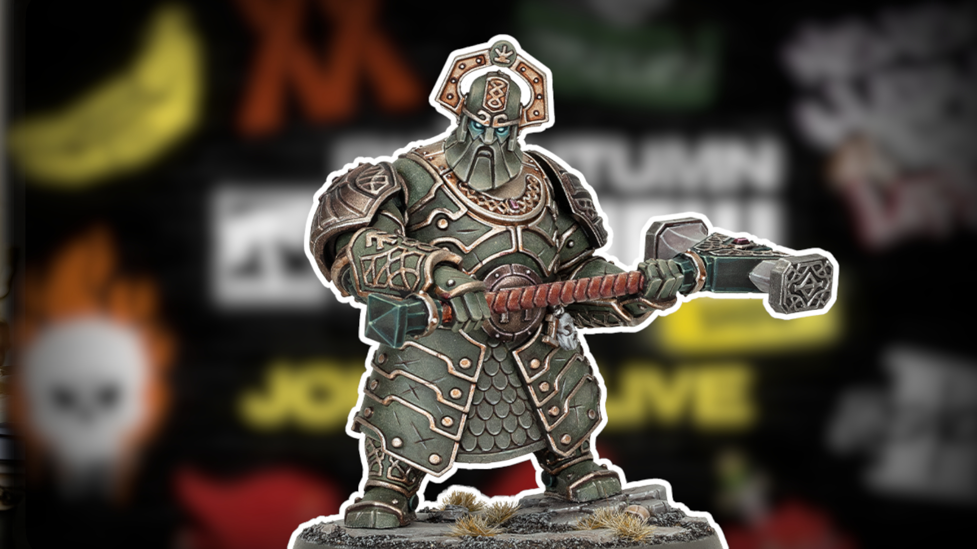 A new Gholem model for the Khazalites Holds faction, against a blurred background of spraypainted logos