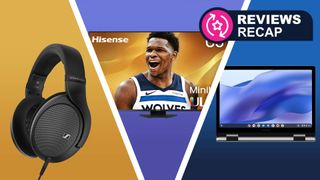 A triptych image of the Sennheiser HD 550, Hisense U8QG and Samsung Galaxy Chromebook 2 360.