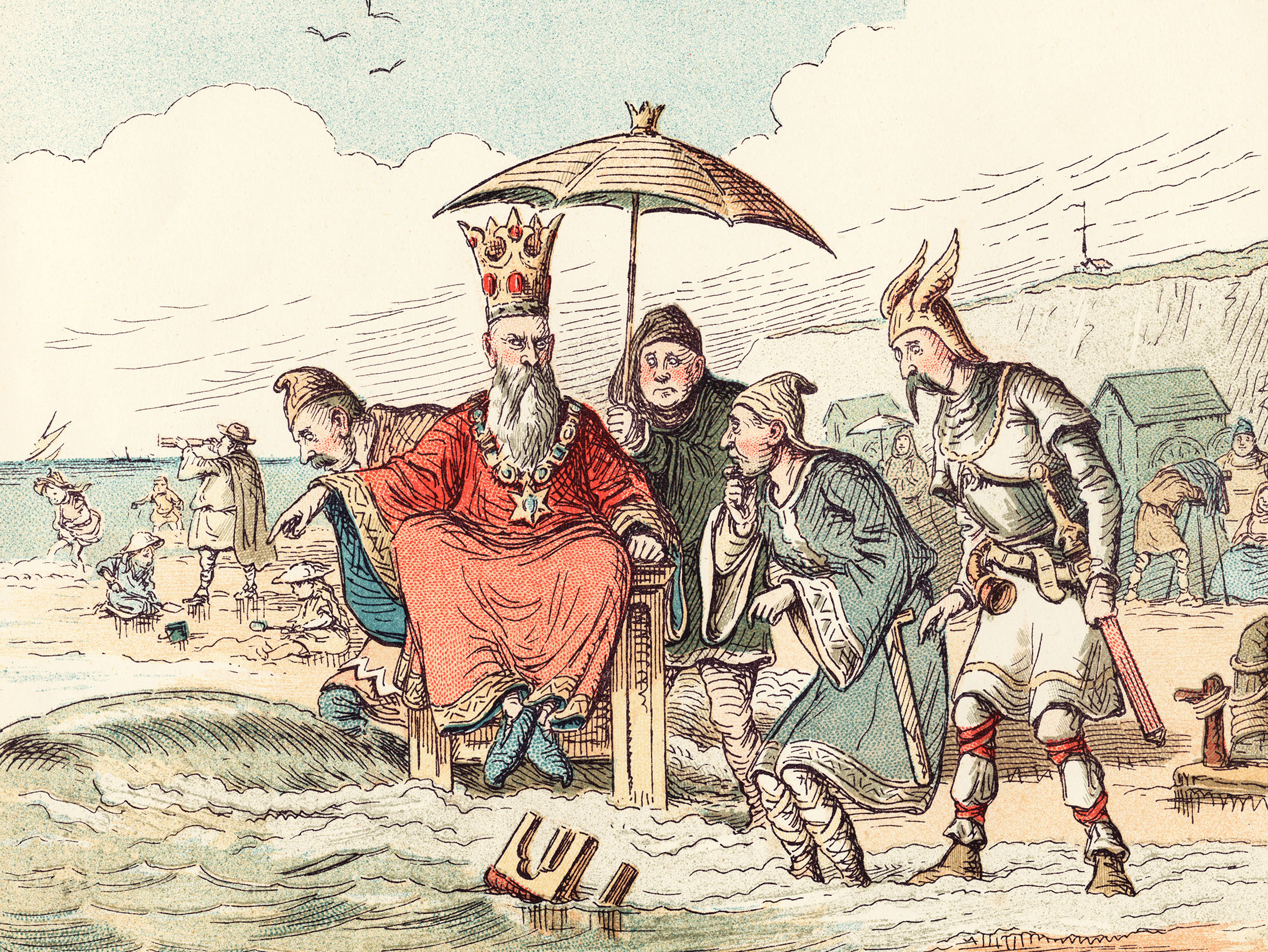 A cartoon portrayal of a king demonstrating the futility of trying to hold back the tide