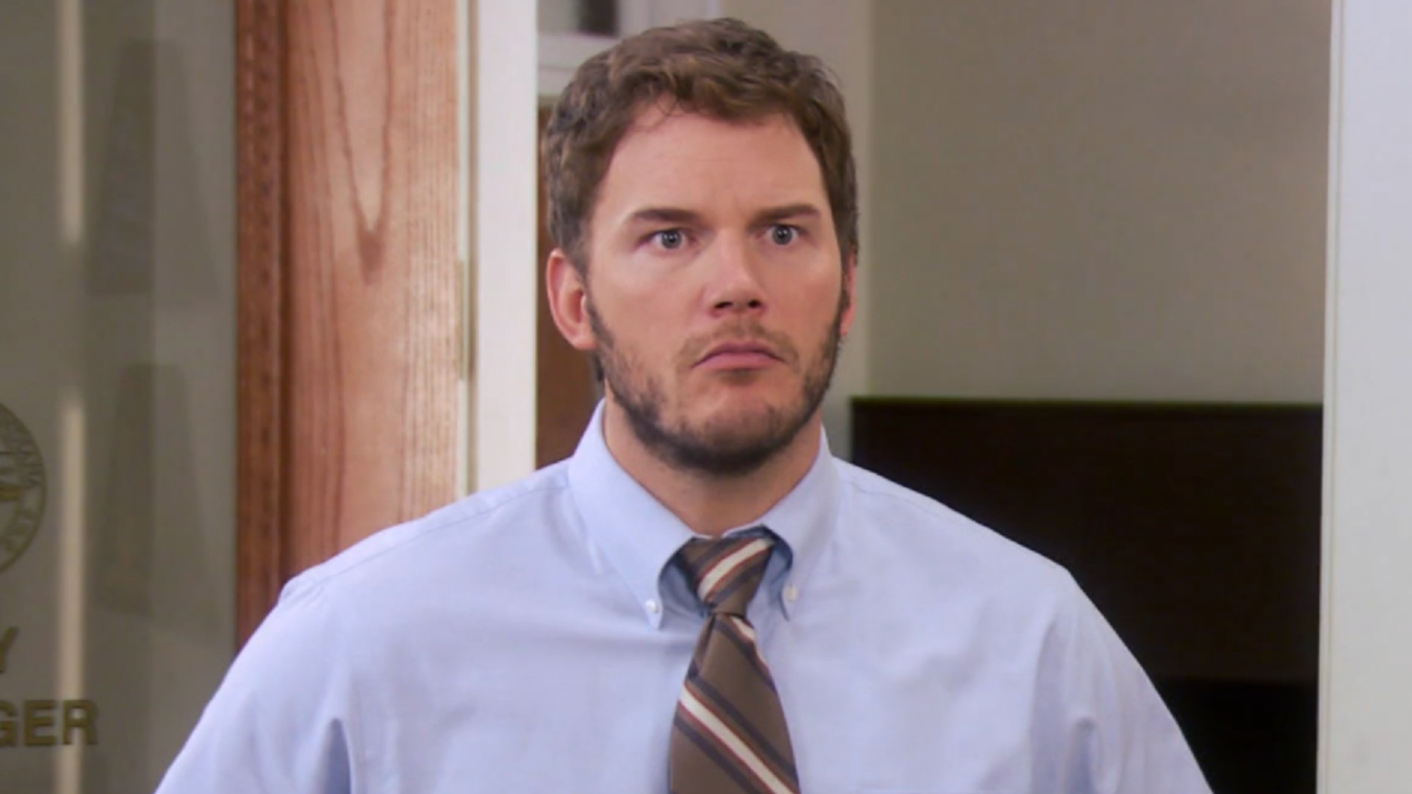 Chris Pratt as Andy Dwyer on Parks and Recreation.