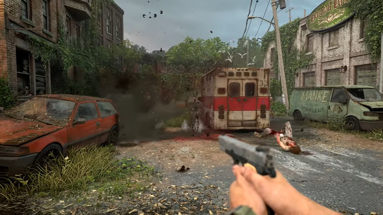 first person view aiming pistol at fungus zombies