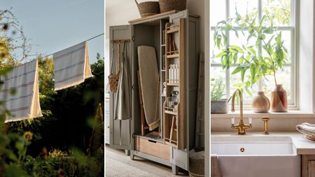 Fresh striped towels hanging on a washing line in a garden / An open cleaning cupboard with an ironing board and cleaning supplies inside / A farmhouse sink set into a stone countertop in front of a window with green plants 