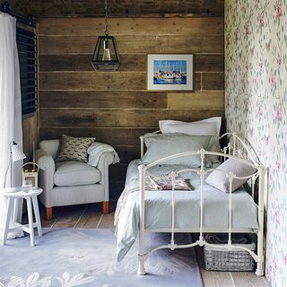 bedroom with printed walls