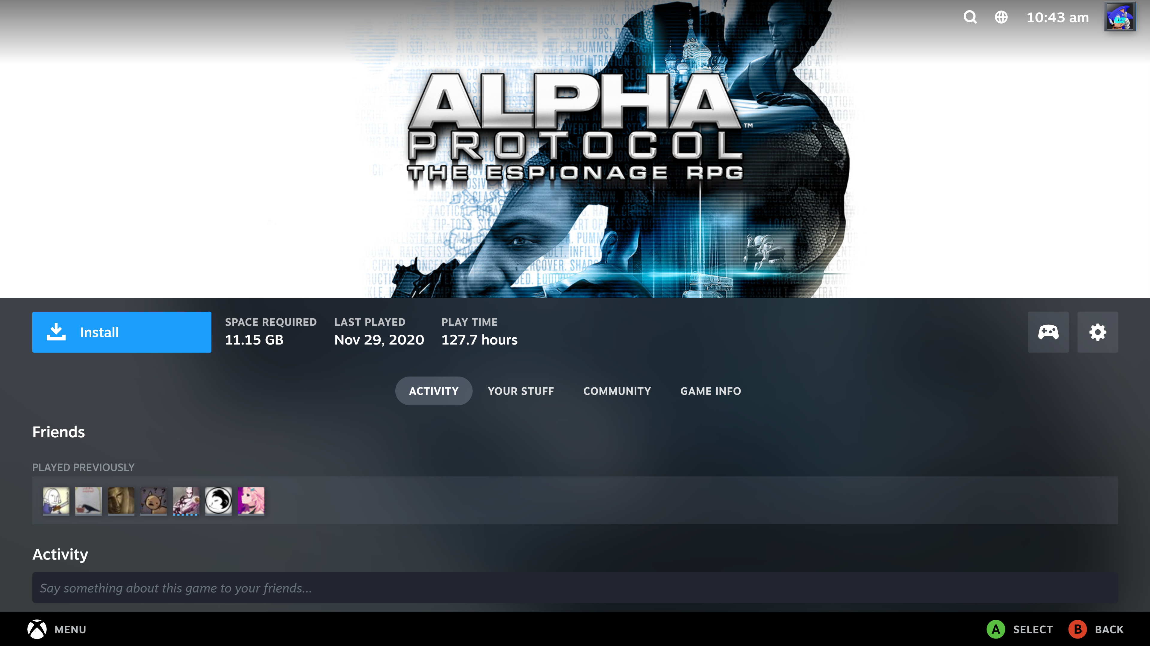 A screen showing the option to install Alpha Protocol in the new Big Picture UI for Steam, with the game size listed before installation begins.
