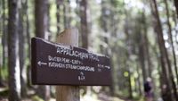 A sign on the Appalachian Trail points hikers to Mt Katahdin in Maine