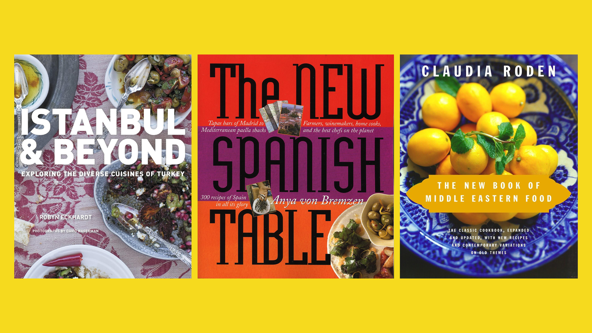 three cookbooks about the mediterranean, including Istanbul and Beyond, The New Spanish Table and The New Book of Middle Eastern Food