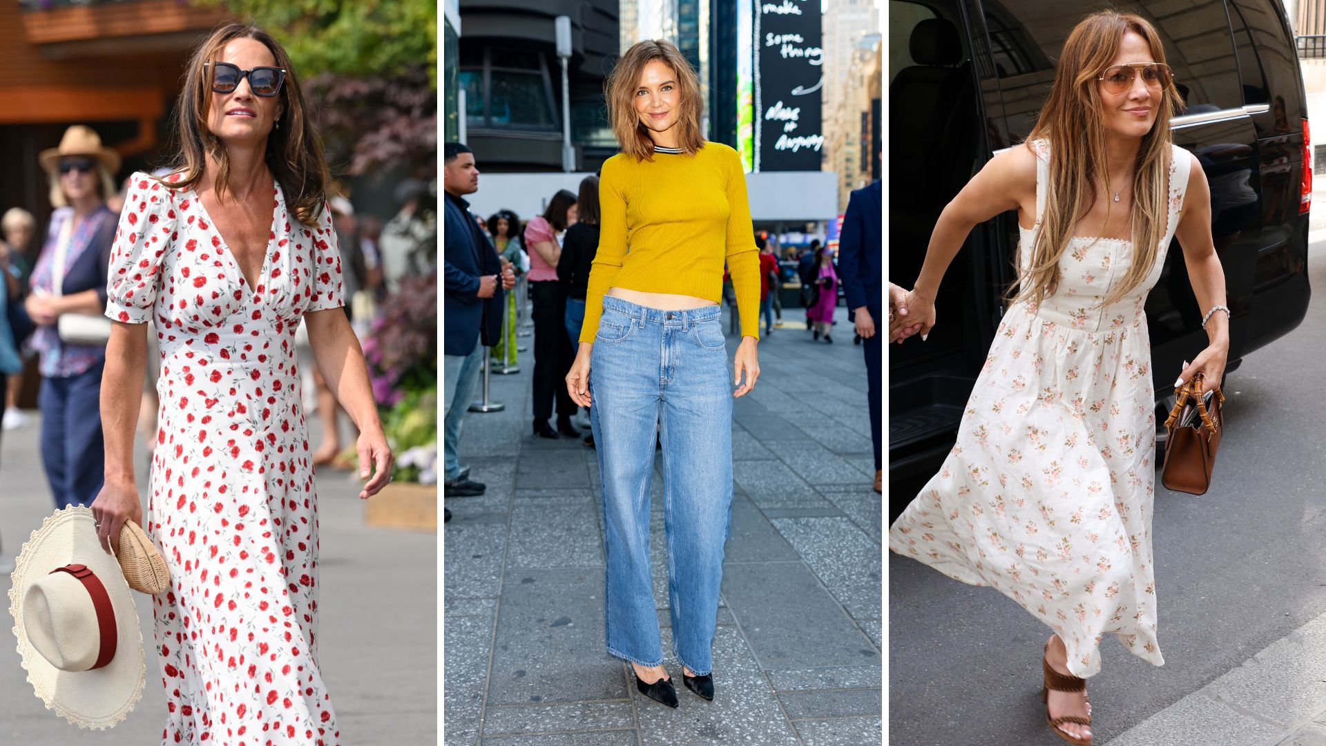 Pippa Middleton, Katie Holmes and Jennifer Lopez all wearing Reformation 