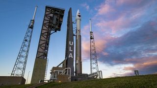 The United Launch Alliance (ULA) Atlas V rocket and NASA's Lucy mission sit on Space Launch Complex 41 (SLC-41) at Cape Canaveral at sunset, on Oct. 14, 2021.