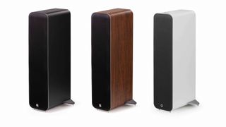 The Q Acoustics M40 wireless speakers pictured in black, walnut and white finishes.