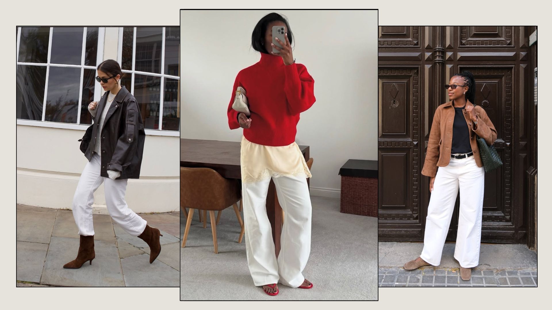 Alice Satterthwaite, Marilyn NK, and Taffy Msipa wear white jeans outfits.
