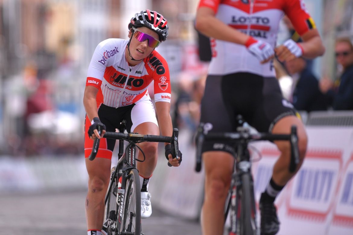 Sanne Cant crosses the line for third