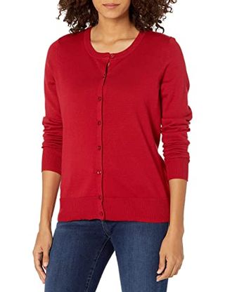 Amazon Essentials Women's Lightweight Crewneck Cardigan Sweater (available in Plus Size), Red, Medium