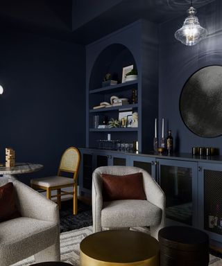Dark blue color drenched living room